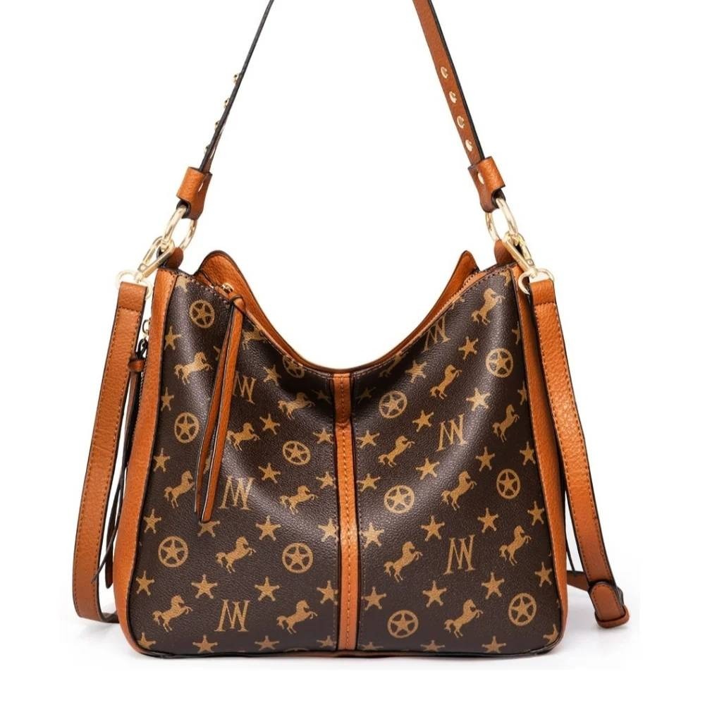 Montana West Monogram Horse Star Hobo Bag Crossbody Shoulder Conceal Carry Brown